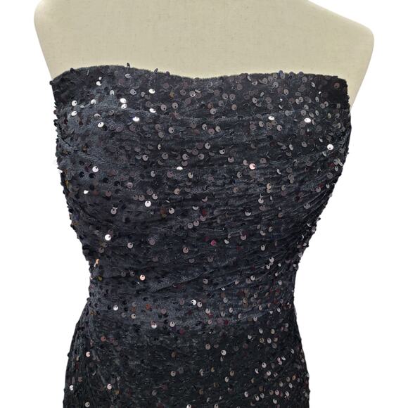 NWT Black Strapless Sequin Evening Gown with Corset Back on Velvet Fabric - Picture 2 of 12